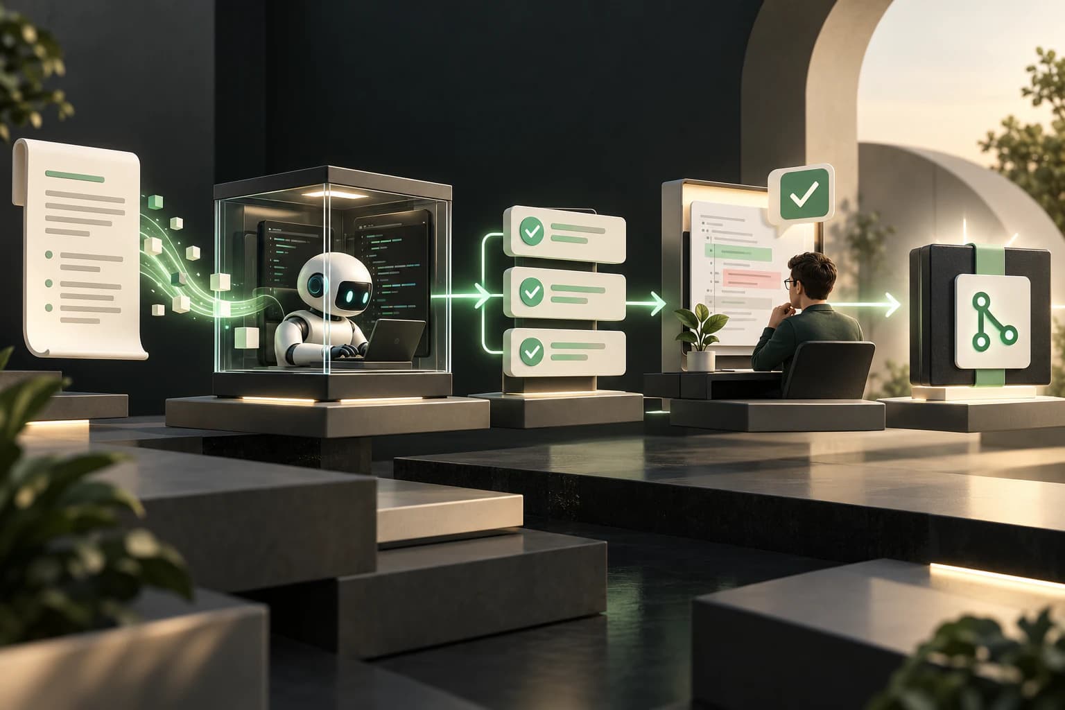 Conceptual illustration of coding agents working in isolated tasks with verification and human review before a pull request
