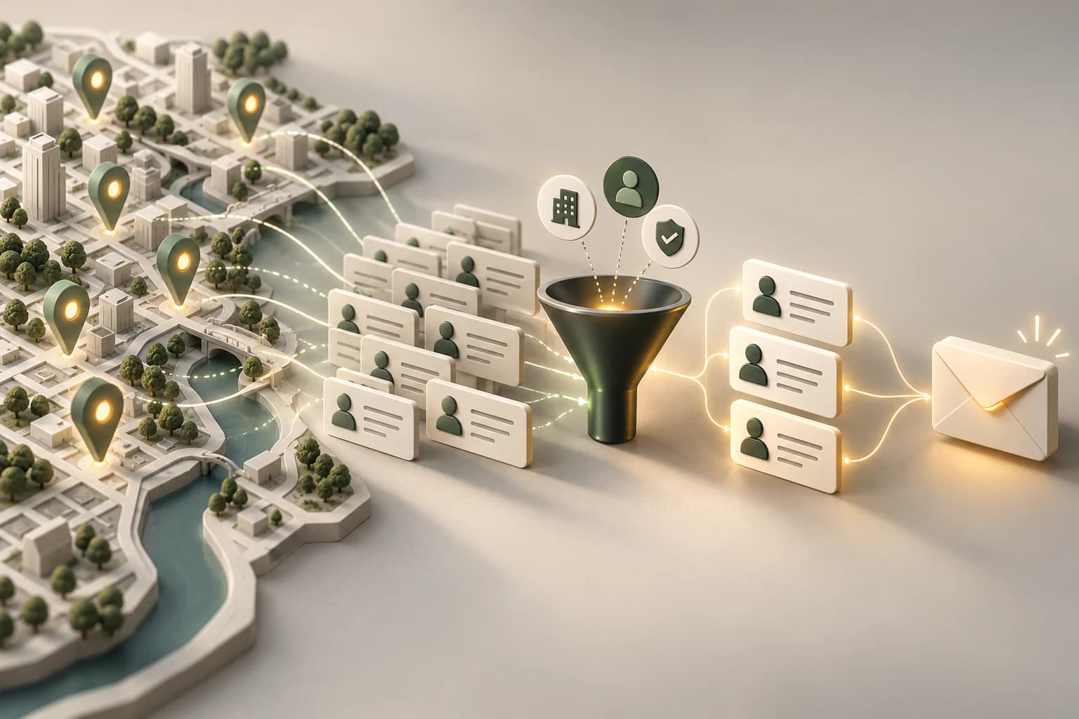 Conceptual illustration of business leads being discovered, filtered, organized, and prepared for outreach