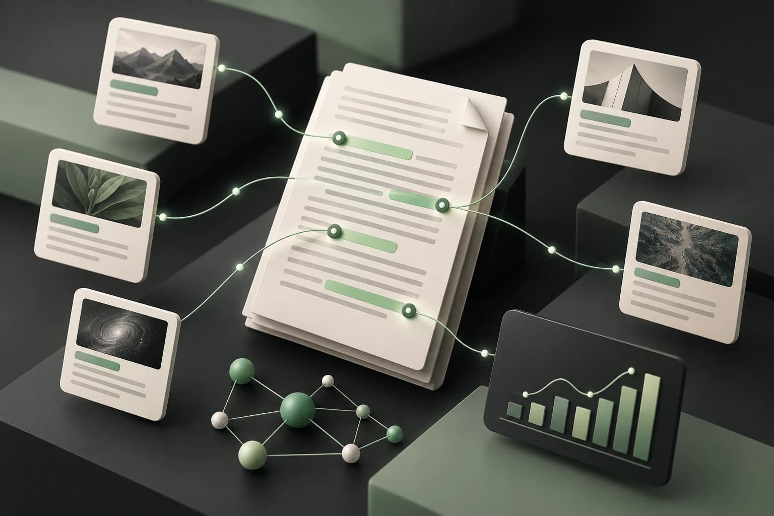 Conceptual illustration of research objectives connected to source evidence and a paper draft