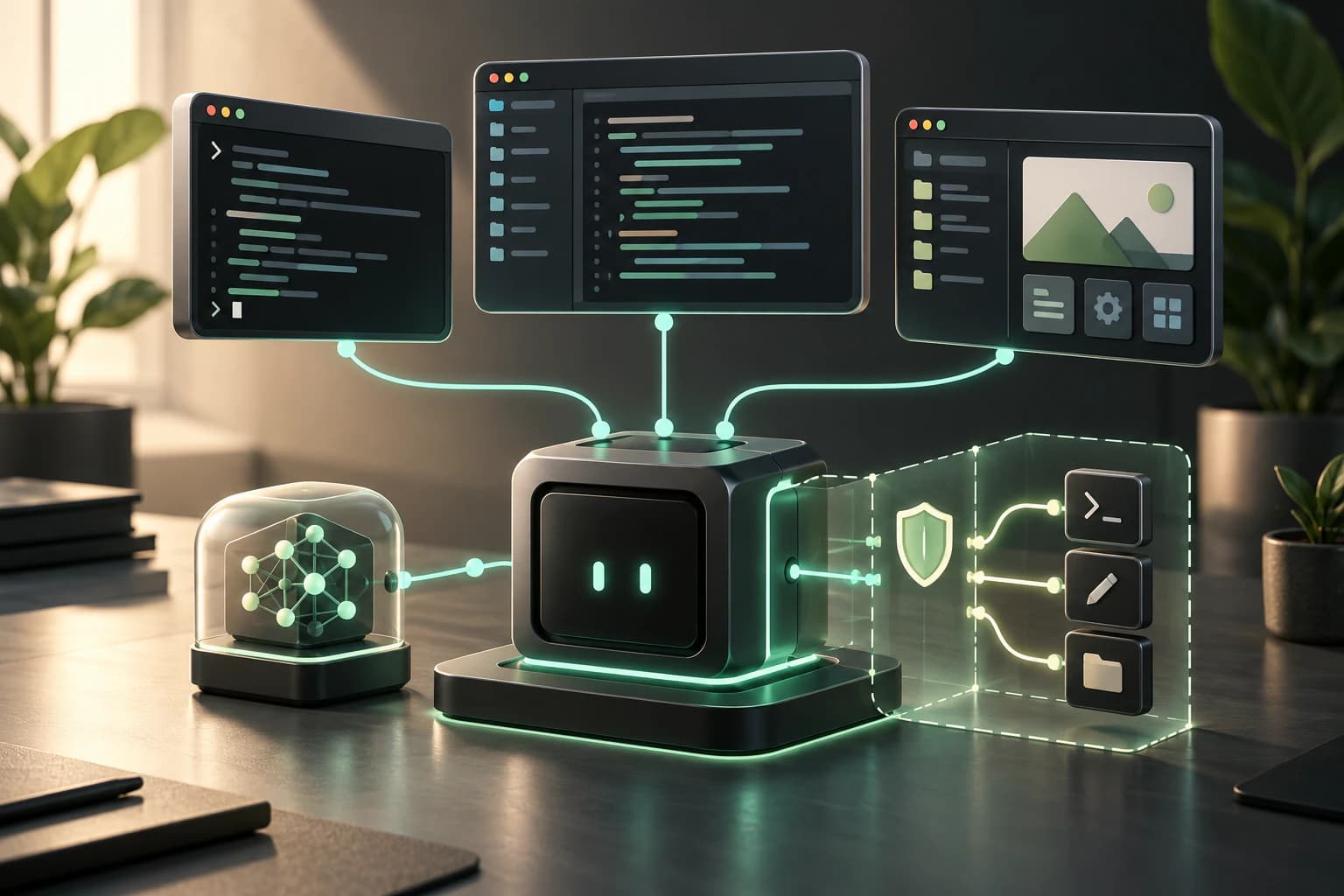 Conceptual illustration of a local coding-agent runtime across terminal, editor, and desktop clients, with permission controls